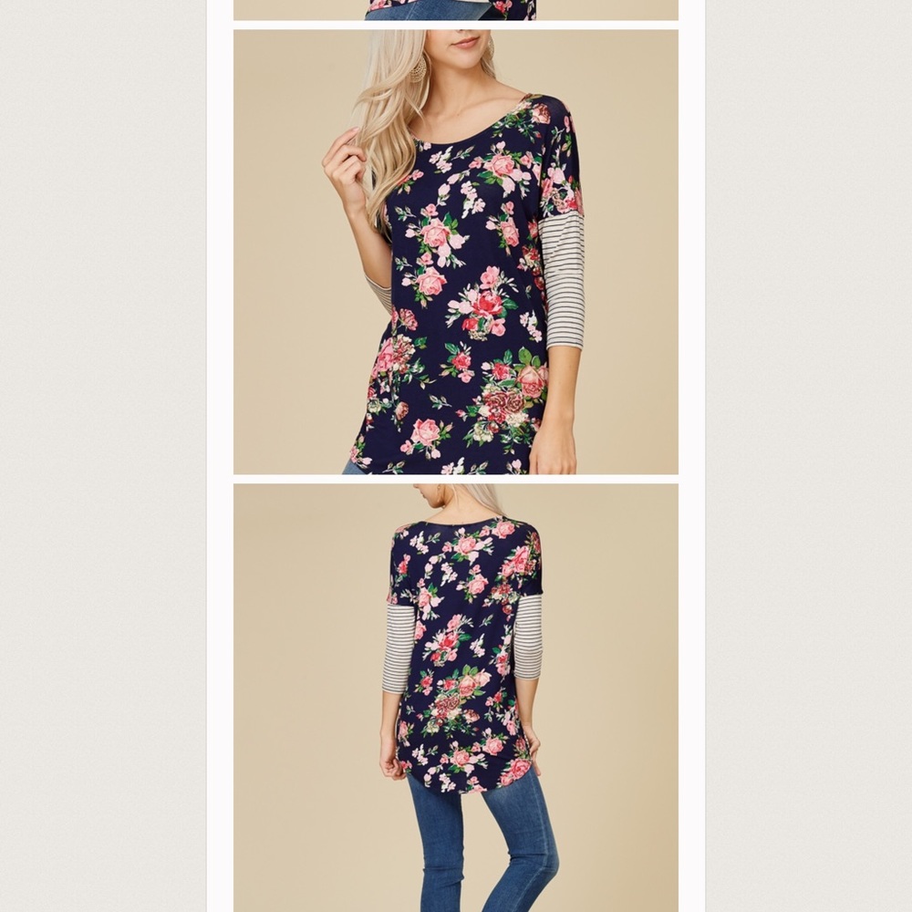 NEW  NAVY RAGLAN MIXED PRINT ROSE TOP - Picture 2 of 4